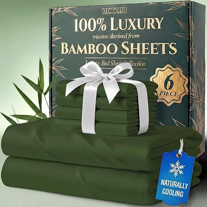 DECOLURE 100% Viscose Derived from Bamboo Sheets Queen Size - Luxury 6 Pc Naturally Cooling Sheets, Ultra Soft Bed Set - Deep 17" Pockets, Durable Double Stitching, Oeko Tex Standard (Olive)