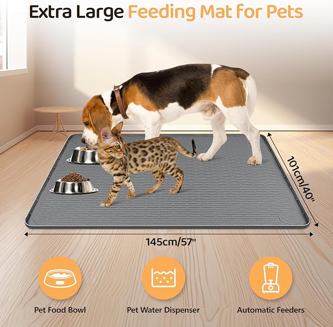 Bartuke Dog Food Mat, Extra Large 57" x 40" Silicone Pet Feeding Mat with Raised Edge Pet Placemat for Small, Medium, and Large Pets Non-Slip, Easy to Clean (Dark Grey)