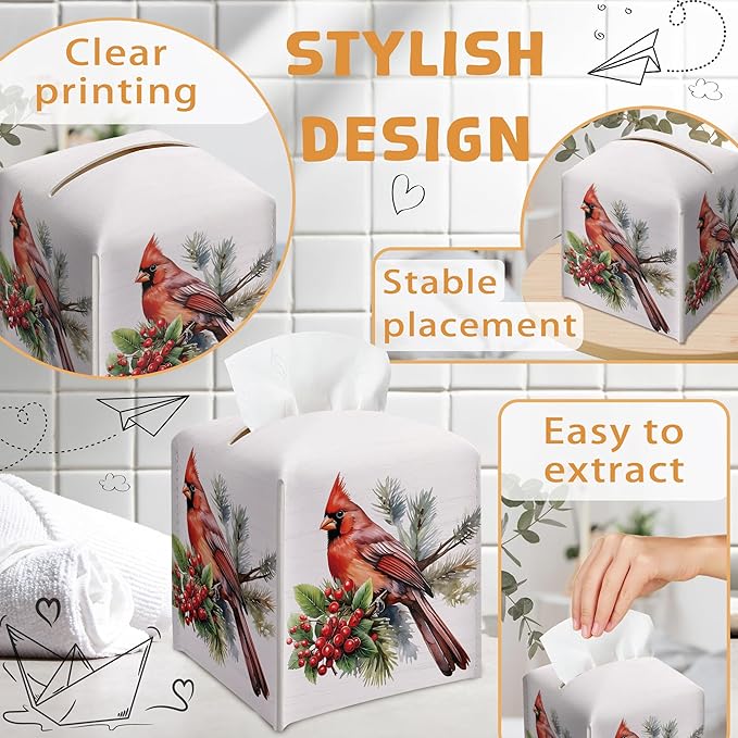 Christmas Tissue Box Holder, Christmas Cardinal Leather Tissue Box Cover Square with Bottom Belt, Paper Facial Decorative Tissues Cover for Night Stands Bathroom Office Home Decor-B11