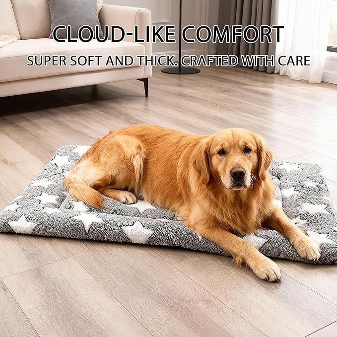 Fogkiss Dog Bed Mat, Reversible Crate Pad & Durable Dog Bed - Machine Washable Kennel Mat with Ultra Soft for Large Dogs (Cool/Warm), 35" x 23", Grey&Star