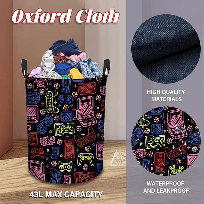 Game Gaming Laundry Basket, 43L Round Oxford Cloth Laundry Hamper, Waterproof Collapsible Storage Organizer Bin with Handles for Toys, Nursery Home Storage, Gift for Chritsmas Thanksgiving 13.8x17.7