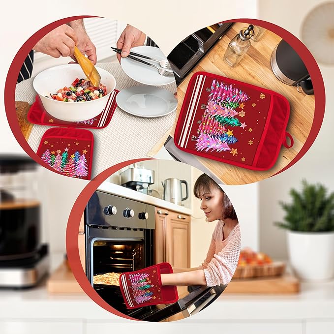 Red Merry Christmas Tree Pot Holders with Pockets, Holiday Winter Snowflake Colorful Christmas Tree Oven Pot Holders Heat Resistant Oven Mitts Hot Pads for Kitchen Baking Cooking, Set of 2