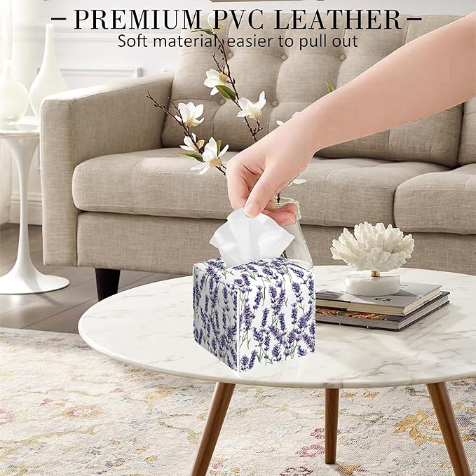 POIUBLE Leather Tissue Box Holder Lavender Flowers Tissue Box Cover Square Waterproof Tissue Holder Organizer Modern Napkin Holder for Bedroom Dresser Night Stand Office Desk