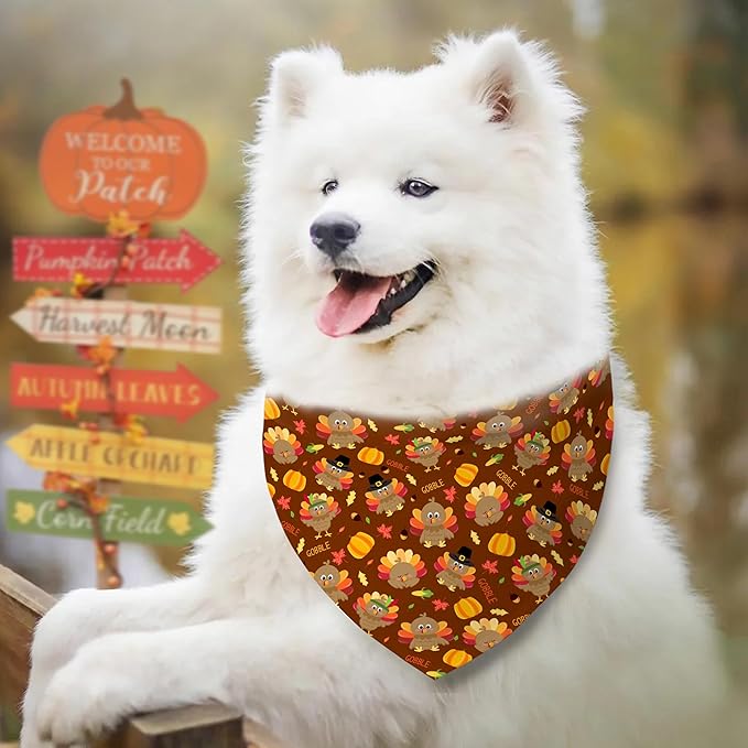 Fall Thanksgiving Dog Bandana Reversible 2 Pack Large, Pumpkin Turkey Leaves Fox Cute Thanksgiving Pet Bandanas for Dogs Adjustable Triangle Holiday Scarves for Medium Large Extra Large Boy Girl Dogs