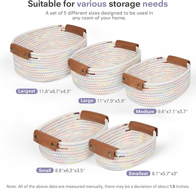 ECDYQXVU 5 Piece Storage Baskets Small Woven Basket with Detachable Leather Handle, Cotton Rope Shelf Baskets for Closet Organizers, Different Sizes Basket Decor, Rainbow