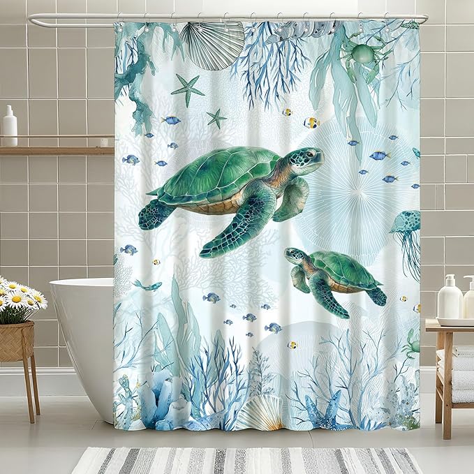 mutakin Green Sea Turtle Shower Curtain Teal Blue Coastal Shower Curtains for Bathroom Waterproof Fabric Bath Curtain Decor with Hooks