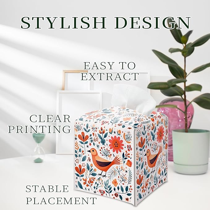 Floral Bird Tissue Box Holder, Scandinavian Leather Tissue Box Cover Square, Paper Napkins Everyday Dispenser for Bathroom Vanity Countertop Night Stands Kitchen Office Car Home Decor