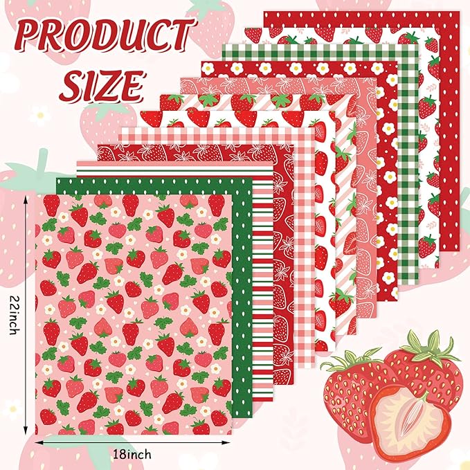 JarThenaAMCS 12Pcs Strawberry Cotton Fabric Bundles 18 x 22 Inch Strawberry Flower Plaid Fat Quarters Colorful Sewing Fabrics for DIY Craft Party Decor