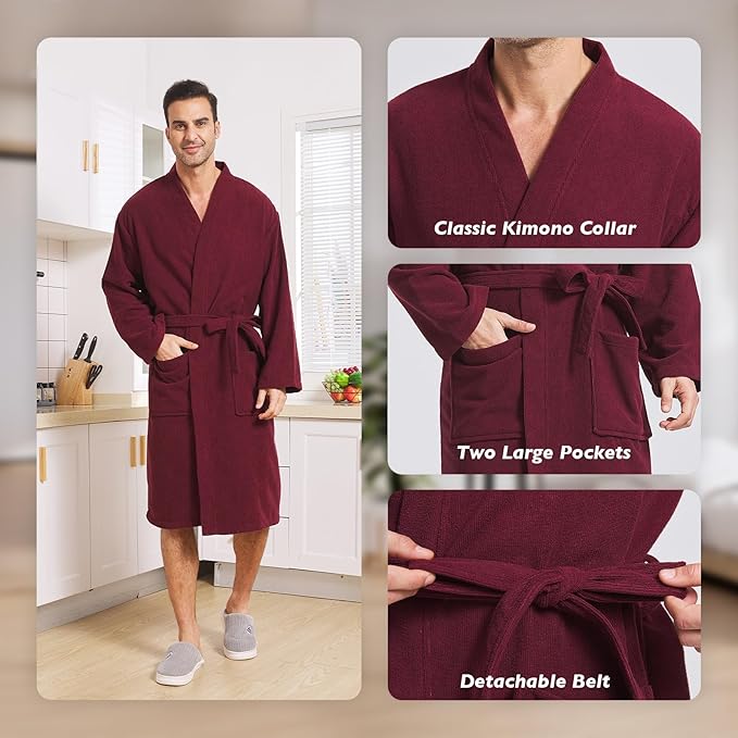 FashGudim Terry Cloth Robes for Men Big and Tall Short Mens Kimono Robe Super Absorbent Spa Bathrobe Calf Length With Pockets