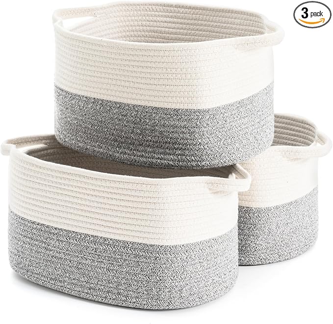 DUHEL Cotton Rope Woven Storage Basket, Used for Baby Hamper Toy Organizer, Gift Baskets Empty,Kids Laundry Basket,Baby Blanket Basket. Size 15x10x8.7 Inches. (White&Grey-3PCS)