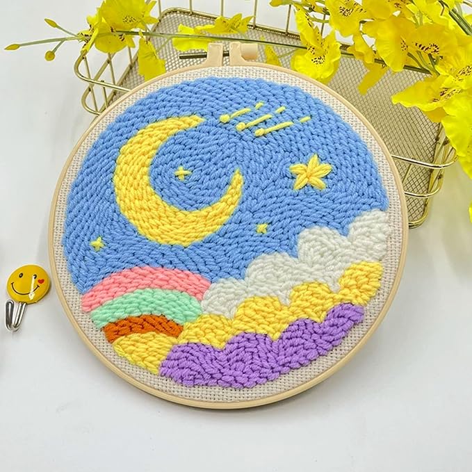 Allazone 3 Set Punch Needle Embroidery Starter Kits for Beginners, Include Punch Needle Fabric with Yarns, Embroidery Hoops, Threader Tools and Instructions, Rainbow and Moon Pattern