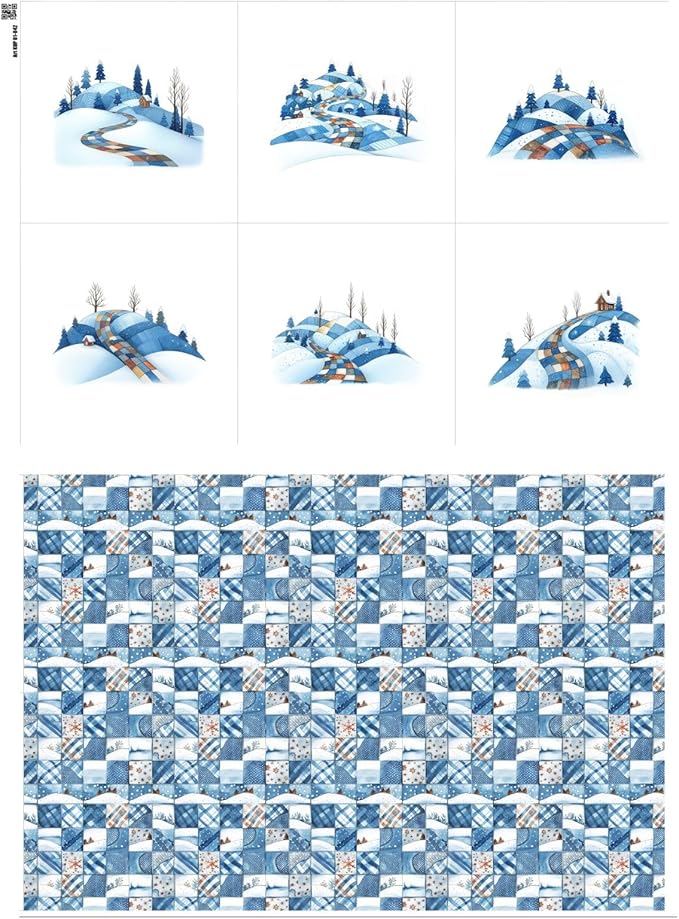 Winter Patchwork Landscape Cotton Fabric Panel – 6 Designs (10×10 inch Each) + Bonus Patchwork Sheet 29.5×19.6 inch, 100% Cotton 140 GSM