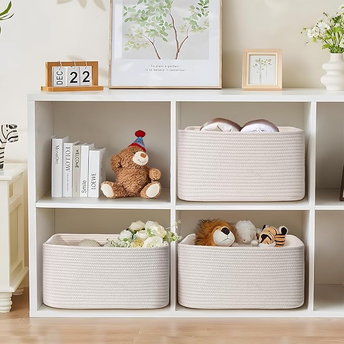2 Pack Large Storage Basket for Organizing, 17.5"x13.5"x7.5" Woven Basket for Shelves, Closet Cube Storage Bins with Wrapped Handle, Cotton Rope Baskets for Kitchen, Clothes, Toys(Off White)