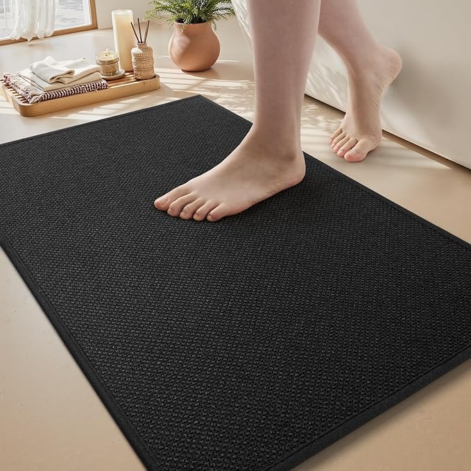 MontVoo Bath Mat Rug-Ultra Thin Non Slip Bath Mats for Bathroom Mat Quick Dry, Rubber Backing Washable Bathroom Rugs Fit Under Door, Absorbent Bath Rugs for Floor,17"x24",Black
