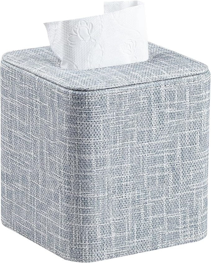 Cretkhp Square Tissue Box Cover with Magnetic Closure, Modern PU Leather Tissue Box Holder for Bathroom Vanity Countertop Night Stands Bedroom Office Desk, Stylish Cube Tissue Holder (Blue)