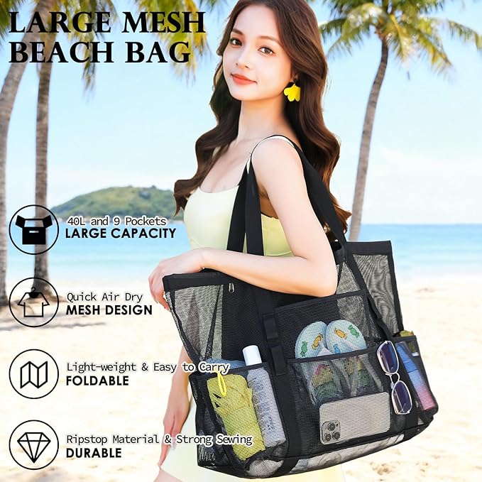 Fammart Mesh Beach Bag, Large Beach Tote with Zipper Pocket for Family Pool Bag for Toys & Vacation Essentials
