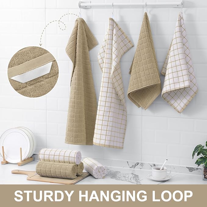 Homaxy Premium Cotton Kitchen Towels 16"x 28", Large Natural Ring Spun 390 GSM Dish Towels, Super Absorbent Terry Kitchen Hand Towels, Soft Tea Towels with Hanging Loop, Tan Check Design, 12 Pack