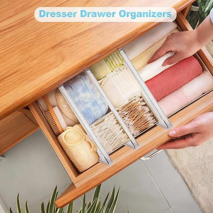 4 Pack Adjustable Drawer Dividers - 4" High Clear Expandable Dresser Organizers 12.9"-21.4" Length, Transparent Drawer Separators for Clothes, Underwear, Cosmetics & Kitchen Utensils Storage