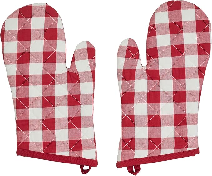 VHC Brands Cotton Oven Mitt Set of 2, Heat Resistant, Baking Glove Pot Holder, Kitchen Mitts, Annie Buffalo Check Collection, 12.5x8, Country Red & White Checkered