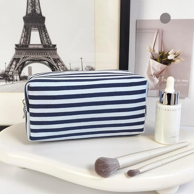 STARDW Striped Cotton Makeup Bag, Cute Cosmetic Pouch with Canvas Lining & Zipper, Travel Toiletry Bag