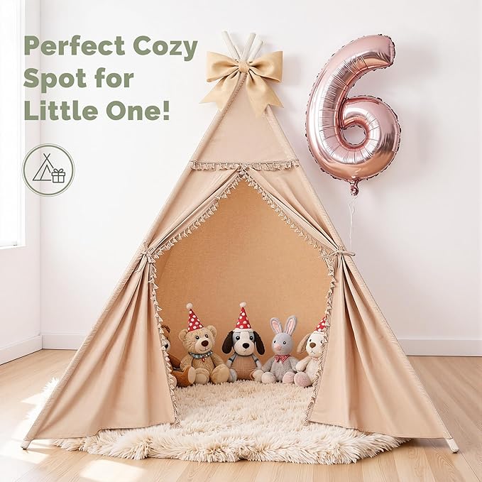 Sumbababy Large Teepee Tent for Kids Indoor - Cotton Canvas Slumber Play Tents for Adults - Foldable Sleepover Tents for Girls Boys Party Gift Toy, Khaki