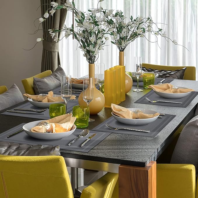 Winknowl Placemats Set of 4，Heat Resistant Woven Vinyl Washable PVC Place Mats，Non-Slip Stain Resistant Indoor/Outdoor Table Mats for Dining Table (Grey)