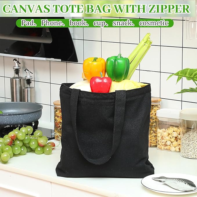 Silkfly 30 Pcs Canvas Tote Bags Bulk 16.5x13.4'' Blank Cotton Canvas Bag with Zipper Handles Reusable Plain Grocery Makeup Handbag for DIY(Black)