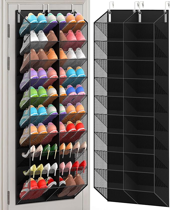 UVIAHOMI 30 Pairs Over the Door Shoe Organizer, Breathable Mesh Pocket Hanging Shoe Storage for Closet, 10-Tier Door Shoes Rack, Handing Shoes Holder Fit All the Family's Sneakers, Boots, Heels, Black