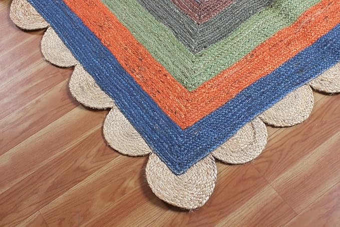 Scalloped Edge Rug, Hand Woven Natural Jute Area Rug, 4x8 Ft Beige & Multicolor Braided Sisal Kilim Rugs for Living Room, Kitchen, Entryway, Farmhouse