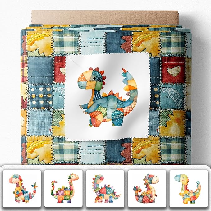 Patchwork Dinosaur Cotton Fabric Panel – 6 Designs (10×10 inch Each) + Bonus Sheet 29.5×19.6 inch, 100% Cotton 140 GSM, Made in Türkiye