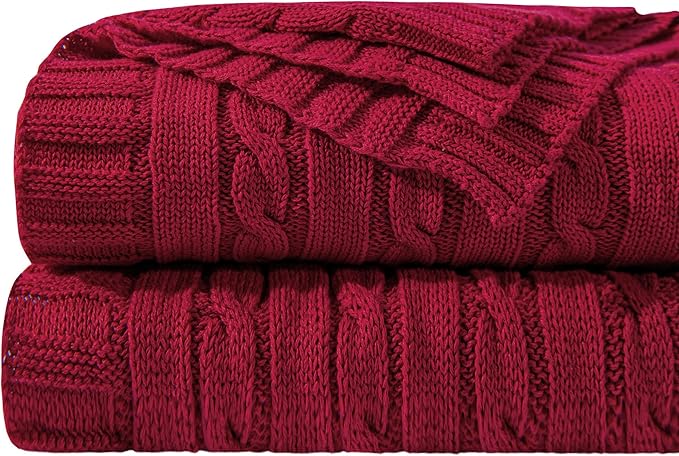 NTBAY 100% Pure Cotton Cable Knit Throw Blanket, Super Soft Warm 51x67 Knitted Throw Blanket for Couch, Sofa, Chair, Bed - Extra Cozy, Machine Washable, Comfortable Home Decor, Red