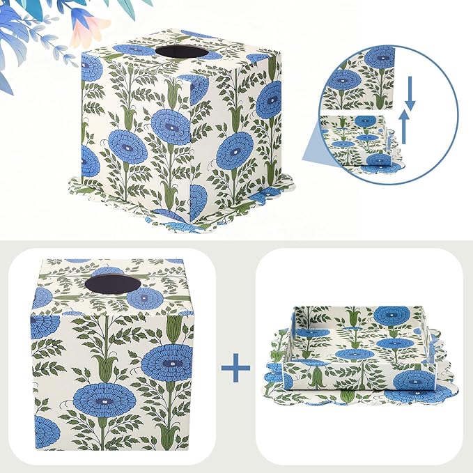 Ferrochef Blue Paper Mache Tissue Box Cover Floral Print Tissue Box Decorative Square Napkin Holder for Grand Millennial Home Bedroom Countertop Night Stands Office Country Decor