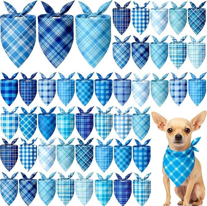 Abbylike 50 Pcs Winter Plaid Dog Bandanas Bulk Blue Bandanas for Dogs Triangle Kerchief Bibs Scarf Set for Pet Winter Costume Photo Props Accessories Pet Shops (19.7 x 13.8 x 13.8 Inch)