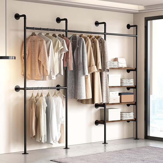 KAILNKISS Industrial Pipe Clothing Rack,Wall Mounted Clothies Rack with Shelves, Heavy Duty Closet Organizers Wardrobe Multi-Purpose Storage Clothes Hanging Shelf-94.5''L Black