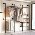 KAILNKISS Industrial Pipe Clothing Rack,Wall Mounted Clothies Rack with Shelves, Heavy Duty Closet Organizers Wardrobe Multi-Purpose Storage Clothes Hanging Shelf-94.5''L Black