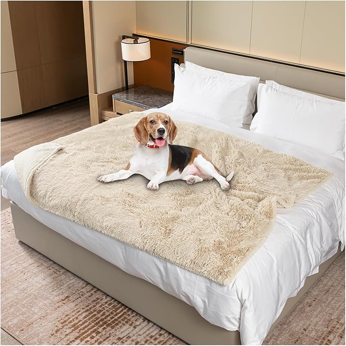 Wowchine Waterproof Calming Dog Blanket Cream Long Faux Fur Pet Throw Blankets for Medium Dogs Cats Couch Sofa Covers Love Bed Cover Washable(Cream,L-65x57in)