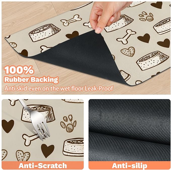 Eizlang Dog Cat Food Mat,12"x20" Inches Rapid Absorbent Pet Feeding Mat,Pets Placemat Water Bowl Mats with Rubber Backing,No Stains Cat Dog Feeding Mats Indoor,Pet Accessories Supplies,Brown Dogs Paw