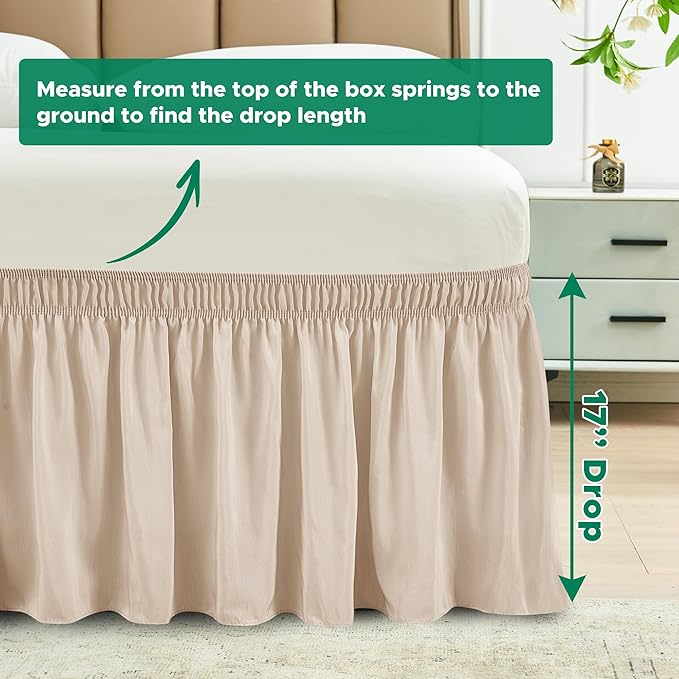 Biscaynebay Wrap Around Bed Skirts for Queen Beds 17" Long Drop, Sand Adjustable Elastic Dust Ruffles Easy Fit Wrinkle Resistant Silky Luxurious Fabric Machine Washable