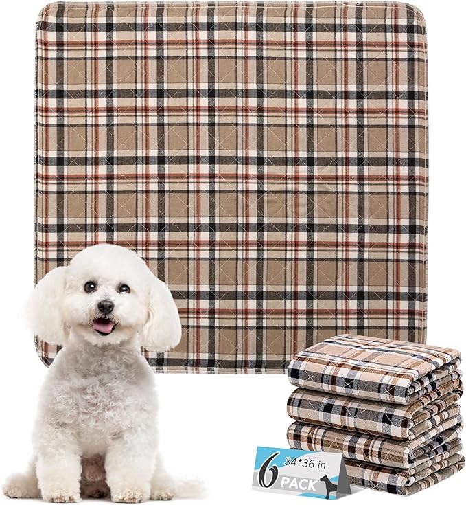 ESGPET Washable Pee Pads for Dogs - 34”x36” 6PCS, Whelping Pad for Puppy Training, Playpen Crate Bed Floor Protector, Reusable Dog Potty Pads Non-Slip, Super Absorbent & Odor Controlling, Brown Plaid