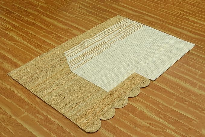 Scalloped Edge Rug, Hand Woven Natural Jute Area Rug, 8x8 Ft Square Beige & Brown Braided Kilim Rugs for Living Room, Kitchen, Entryway, Farmhouse