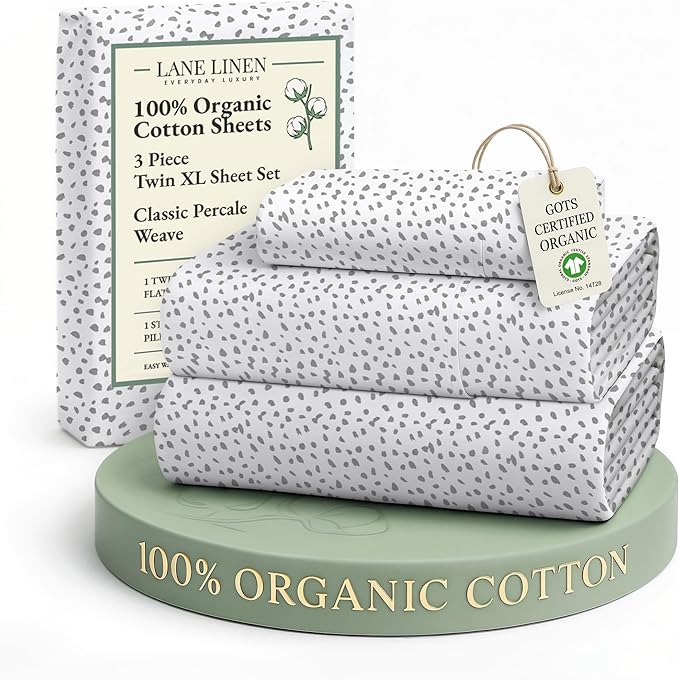LANE LINEN 100% Organic Cotton Sustainaly Produced Twin XL Bed Sheets, Okeo Tex Certified Printed Cotton Sheets, Luxury Hotel Percale Soft & Comfy Comes in Variety of Colors & Prints- Haze Grey