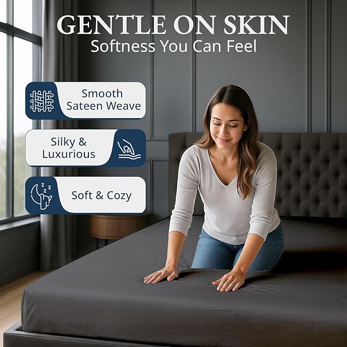 Lane Linen 100% Egyptian Cotton King Size Fitted Sheet Only (79"x81" + 16") - Elegant Sateen Weave, Ultra Soft, Breathable, Highly Durable, Deep Pockets Upto 17" - Swiss Dot Charcoal