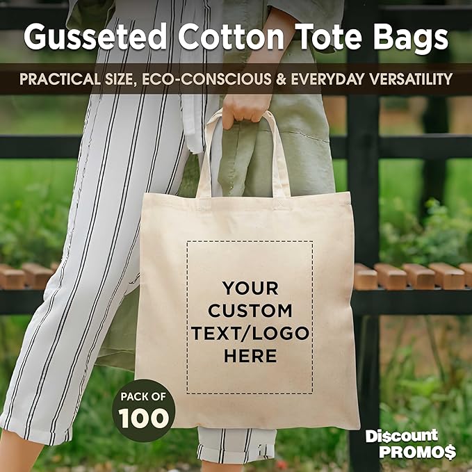 DISCOUNT PROMOS Custom Cotton Tote Bags (Set of 100) - Personalized, Reusable & Eco-Friendly - Perfect for Grocery, Promotions, Branding - Natural Color, 14.5"X16.75", 4 OZ Cotton