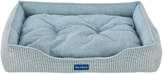 Sam's Pets Arlo Orthopedic Blue Plaid Dog Bed with Soft Fabric, Easy Cleaning, Non-Slip Grip, Modern Design, Medium
