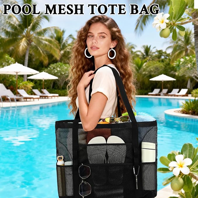 GYEUKHAM Mesh Beach Bag - Large Beach Tote Bag with Multiple Pockets for Family Beach Bag for Toys & Vacation Essentials