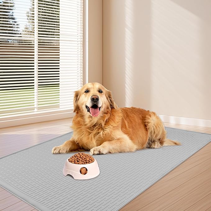 Bartuke Dog Food Mat, Extra Large 34" x 22" Silicone Pet Feeding Mat with Raised Edge Pet Placemat for Small, Medium, and Large Pets Non-Slip, Easy to Clean (Light Grey)
