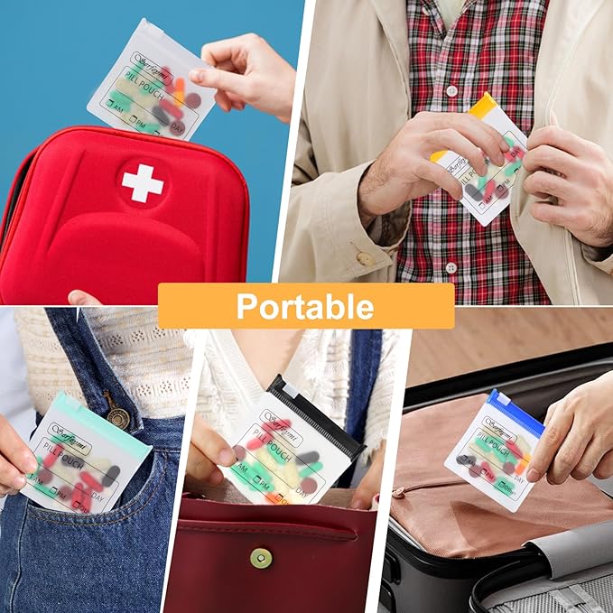 Serfeymi 72 Pcs Pill Pouch Bags for Travel Reusable Plastic Bags 3"x3" 12 mil (Double Sided) Translucent Zipper Pill Pouches for Medicine with Slide Lock & Writable Label, 1x Marker-Green+Blue+Yellow