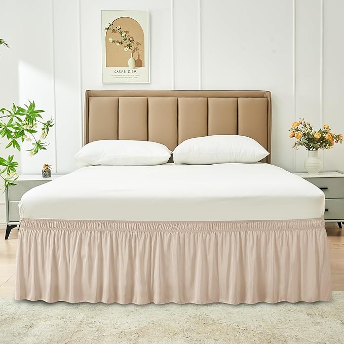 Biscaynebay Wrap Around Bed Skirts for Queen Beds 17" Long Drop, Sand Adjustable Elastic Dust Ruffles Easy Fit Wrinkle Resistant Silky Luxurious Fabric Machine Washable