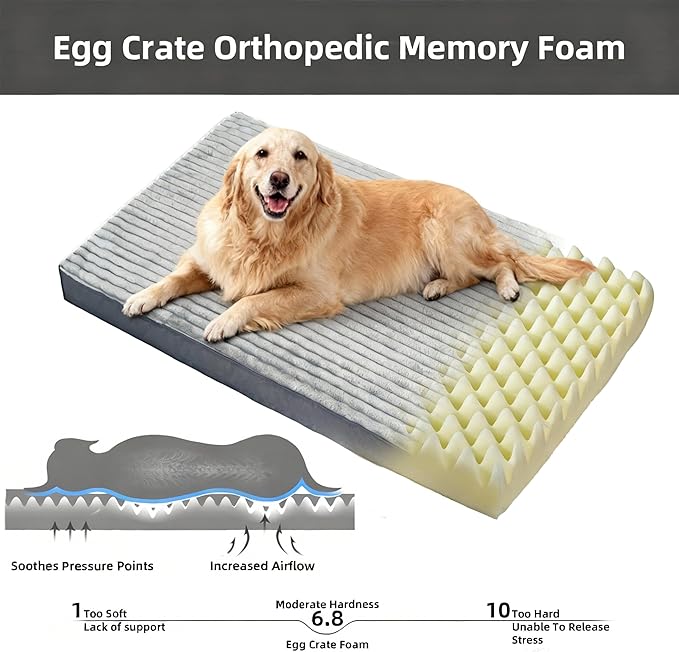 Dog Bed Extra Large Sized Dogs, Orthopedic XL Dog Beds with Removable Washable Cover, Waterproof Indestructible Big Dogs Bed with Anti-Slip Bottom, Egg Crate Memory Foam Pad, 41"x27"x3.5", Grey