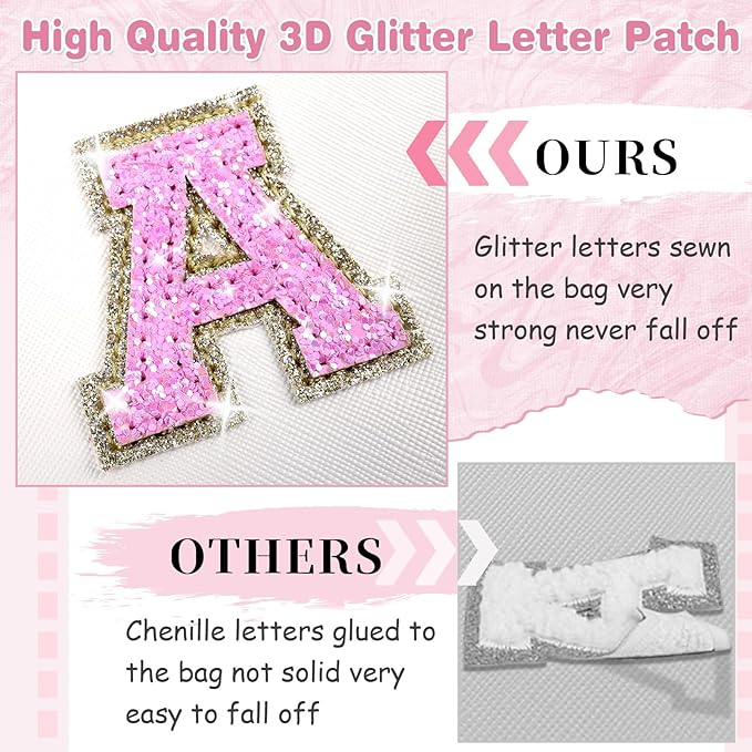 Small Initial Patch Makeup Bag Personalized Gifts Make Up Bag,White Cute PU Leather Glitter Letter Cosmetic Bag with Zipper,Trendy Portable Travel Toiletry Pouch,Preppy Stuff for Teen Girls Women S